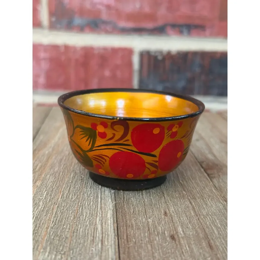 Vintage Russian Khokhloma Mini Wood Bowl Salt Cellar Folk Art